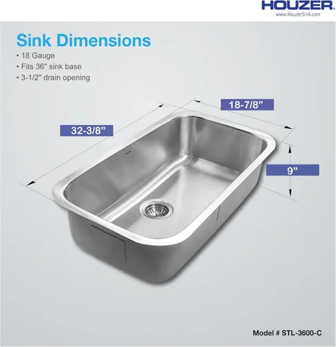 Miniatura 5 de Houzer Eston - Fregadero de cocina de acero inoxidable, fregadero de 32 pulgadas de montaje inferior, duradero y versátil, esencial para el hogar