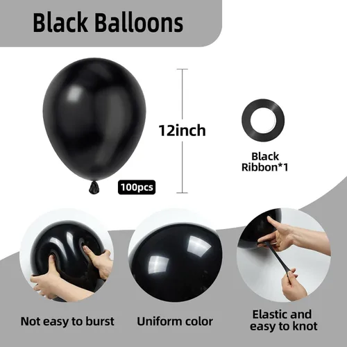 Miniatura 2 de FOTIOMRG Globos negros de 12 pulgadas, paquete de 100 globos de látex negros para cumpleaños, graduación, Halloween, baby shower, día del padre