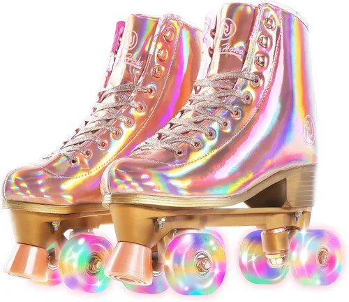 JajaHoho Patines de ruedas para mujer, patines de cuero PU holográficos de alta calidad, patines brillantes de doble fila con cuatro ruedas para Oro