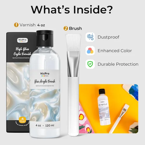 Miniatura 7 de Nicpro Barniz Brillante para Pintura Acrílica 4oz, Sin Amarilleamiento, No Tóxico, Anti-Agrietamiento, Barniz Acrílico Transparente para Artistas