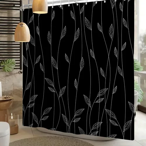 Yeele Juego de cortinas de ducha modernas y minimalistas, bohemias, geométricas, con hojas de plantas, color negro, cortina decorativa para tina,