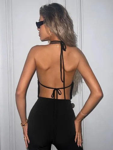 Miniatura 4 de Verdusa Top de tirantes con diamantes de imitación y cuello halter sin espalda para mujer