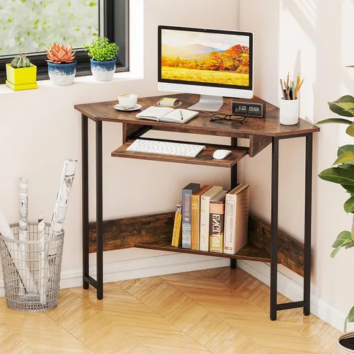 Miniatura 4 de Tangkula Escritorio esquinero con bandeja para teclado, escritorio de esquina triangular de 90 grados para espacio pequeño, escritorio industrial