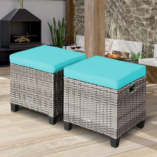 Miniatura 2 de Tangkula Juego de 2 otomanas de ratán para patio, reposapiés de mimbre para exteriores, con cojines suaves y marco de acero, juego otomano de patio