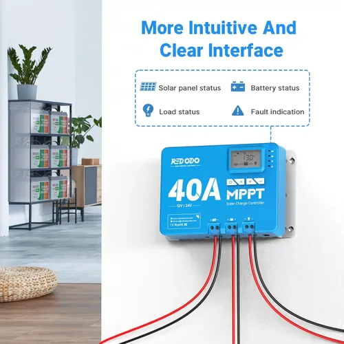Miniatura 6 de Redodo Controlador de carga solar de entrada de 40 amperios MPPT 12V/24V DC con módulo Bluetooth incorporado, pantalla LCD ajustable de parámetros