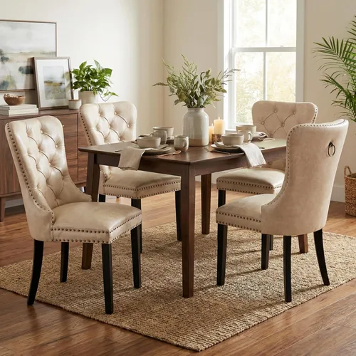 Miniatura 14 de CIMOTA Juego de 2 sillas de comedor de cuero beige, modernas de mediados de siglo, sillas de comedor tapizadas para cocina, comedor, cómodas sillas