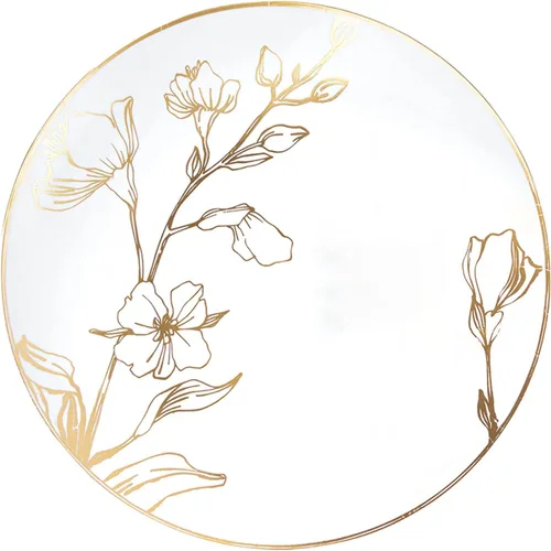 EcoQuality Platos redondos de plástico blanco de 7.5 pulgadas con diseño floral dorado antiguo, platos desechables de fiesta como porcelana, platos