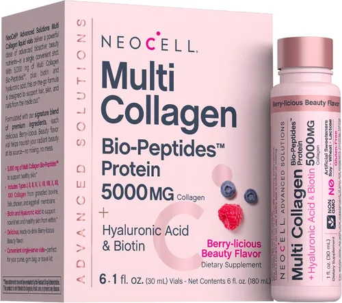 NeoCell Péptidos de colágeno múltiple líquido, 6 viales, con ácido hialurónico y biotina, fórmula avanzada, suplemento de belleza complejo, cabello,
