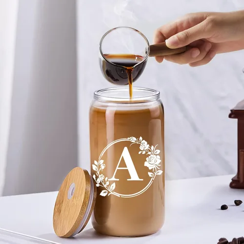 Miniatura 5 de Regalos de cumpleaños para mujeres, taza de vidrio personalizada con monograma de iniciales para mujeres, tazas de vidrio de 16oz con tapas