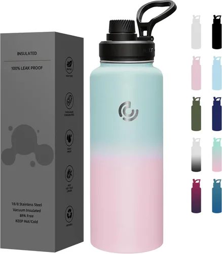Miniatura 30 de Botella de agua deportiva de 40 onzas, botella de agua aislada con asa, acero inoxidable, simple y moderna, adecuada para viajes, escuela, niño