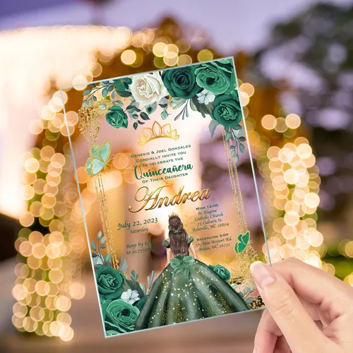 Avior Invitación de quinceañera Vestido verde esmeralda Invitación de vidrio acrílico, Mis Membrillo, Dulce 15, Dulce 16, Diseño floral, xv anos, 15