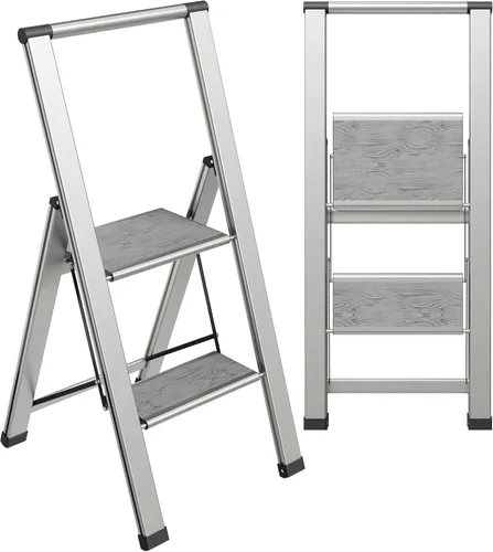 Miniatura 18 de Escalera plegable de 1 escalón, decorativa, hermosa caoba y aluminio negro, perfil ultra delgado, peldaños antideslizantes, resistente y portátil