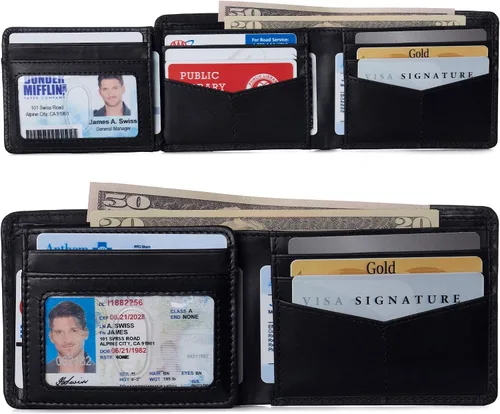Miniatura 9 de Alpine Swiss RFID - Cartera de piel con 2 compartimentos para documentos de identidad, con ventana dividida, sección para billetes, en caja de regalo