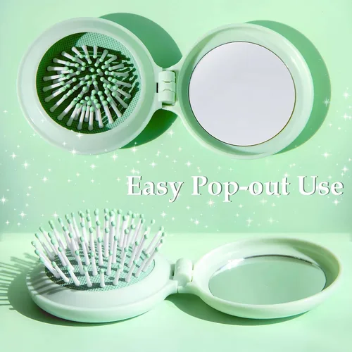 Miniatura 3 de Mini cepillo de pelo con espejo para viajes y bolso, cepillo redondo compacto de tamaño de bolsillo y espejo, combo de regalo para mujeres, verde