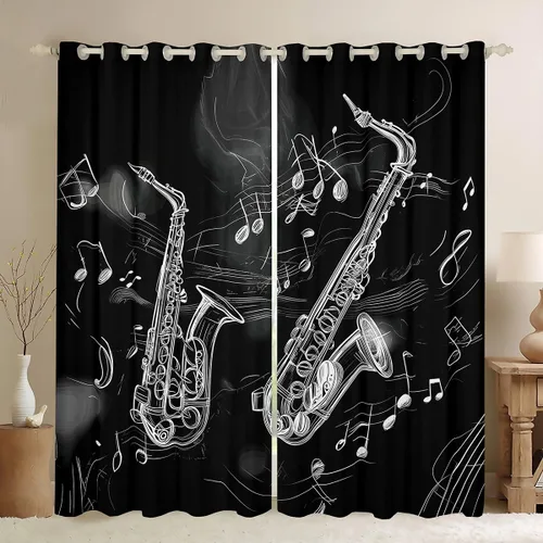 2 paneles de saxofón vintage de 38 pulgadas de ancho x 45 pulgadas de largo, cortinas minimalistas con notas musicales para niños y niñas, cortinas