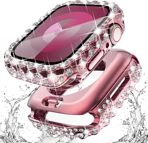 Surace Estuche 2 en 1 impermeable brillante compatible con Apple Watch Series 9/8/7 de 45 mm, protector de pantalla, borde de encaje, diamante,