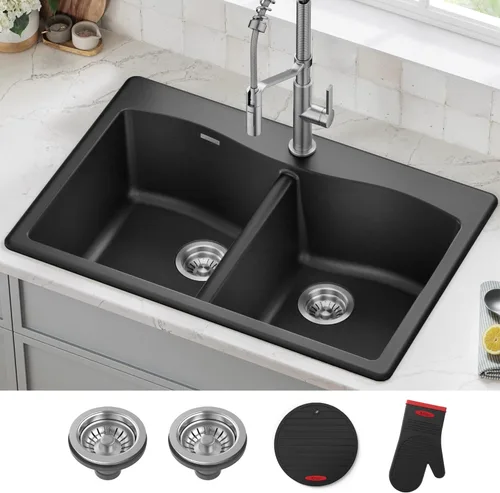 Miniatura 9 de Kraus Forteza - Fregadero de cocina de doble seno 50/50 de granito de instalación empotrada/sobre encimera, 33 pulgadas, color negro (KGD-52BLACK)