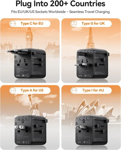 Miniatura 2 de ORICO Adaptador de viaje universal con 2 CA 2 USB-C y 1 conector USB-A, adaptador de corriente internacional PD 20W, cargador de pared esencial