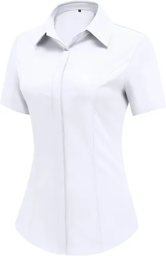 Miniatura 11 de HOTOUCH Camisas de manga corta con botones para mujer, blusa con cuello ajustado, blusa básica de verano para oficina, tallas S-2XL