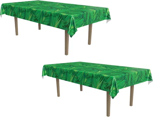 Beistle Manteles de hoja de palma, 54 x 108 pulgadas, 2 piezas, mantel de plástico, decoraciones de fiesta hawaiana, mantel tropical de selva,