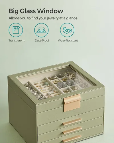 Miniatura 4 de SONGMICS Joyero organizador con tapa de cristal, almacenamiento de joyas de 4 capas, con 3 cajones, estilo moderno, 8 x 9.1 x 6.5 pulgadas