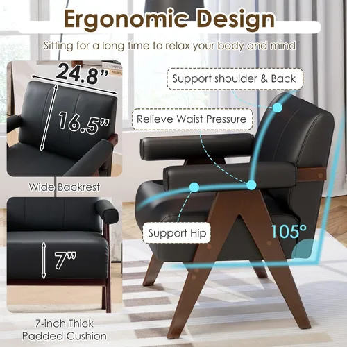 Miniatura 6 de STHOUYN Sillas decorativas de cuero negro, silla moderna de mediados de siglo, sillas con brazos laterales para sala de estar, sillas de oficina