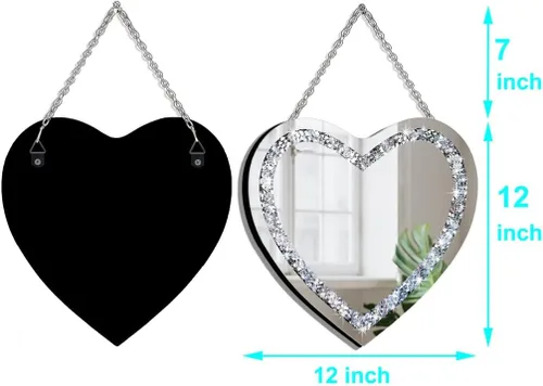 Miniatura 7 de DMDFIRST Juego de 2 espejos de vidrio plateado en forma de corazón 12x12 pulgadas con decoración de diamantes estrellados en cadena para decoración