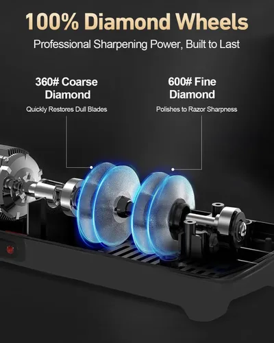 Miniatura 4 de Afilador de cuchillos eléctrico para cocina – Sistema profesional de 2 etapas 100% diamante con ángulo de precisión de 20°, afilado rápido