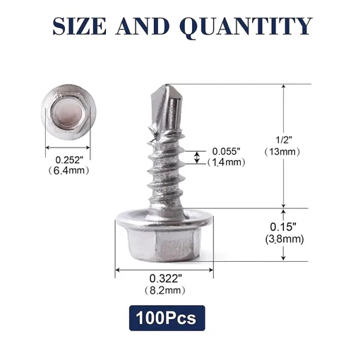 Miniatura 2 de Tornillos de chapa metálica #8 x 1/2", 100 tornillos hexagonales de acero inoxidable 410, tornillos autorroscantes rápidos por SG TZH