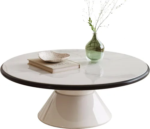 Miniatura 9 de Mesa auxiliar redonda con aspecto de mármol sintético, mesa central blanca con pedestal estable, mesa de comedor moderna de vidrio templado