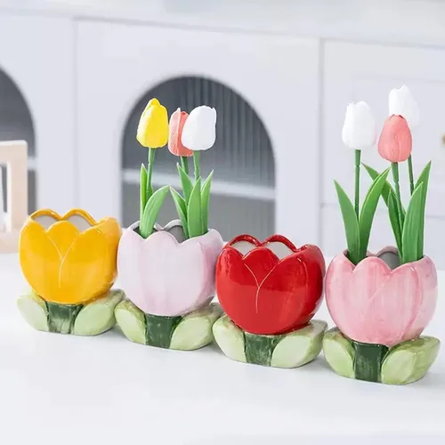 Miniatura 5 de Caja de almacenamiento de cosméticos de tulipanes de cerámica, organizadores de escritorio, soporte de almacenamiento de brochas de maquillaje, caja