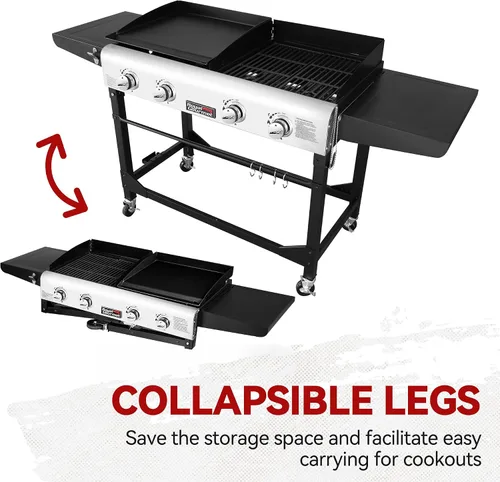 Miniatura 6 de Royal Gourmet GD401 - Parrilla y plancha de gas propano portátil con mesa auxiliar, 4 quemadores, patas plegables, versátil, uso exterior, negro 168