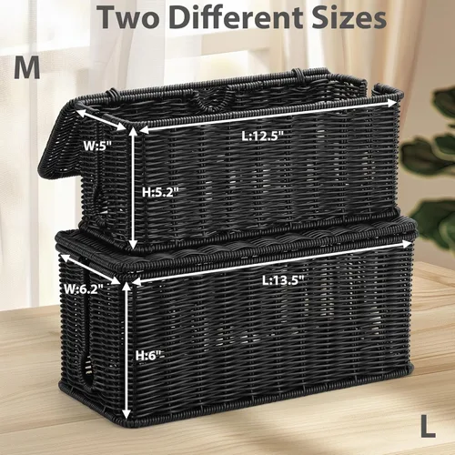 Miniatura 4 de Paquete de 2 cajas grandes de gestión de cables negras, organizador de cables de ratán de imitación tejido a mano, ocultador de cables, caja de Negro