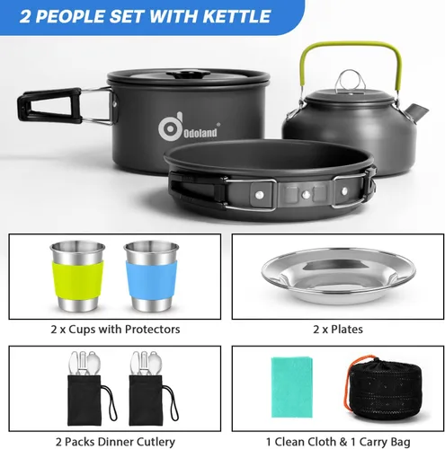 Miniatura 4 de Odoland 15pcs Camping Cookware Mess Kit, Non-Stick Lightweight Pot Pan Kettle Set with Stainless Steel Cups Plates Forks Knives Spoons for Camping
