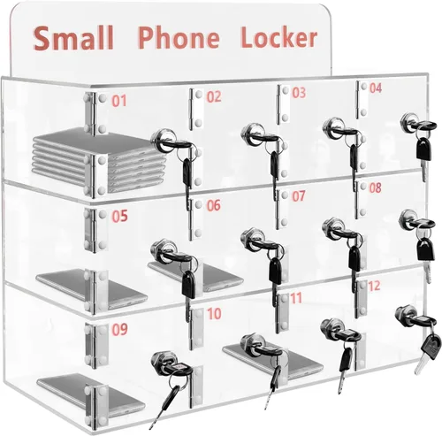 Miniatura 10 de Taquillas de teléfono celular, caja de bloqueo de acrílico para teléfono celular con cerraduras de puerta y llaves, 10 ranuras montadas en la pared