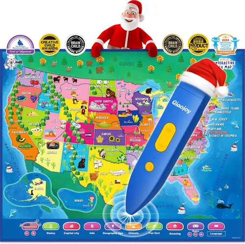 Miniatura 10 de Qiaojoy Mapa Interactivo Bilingüe para Niños Mapa Parlante de EE.UU. Mapa del Mundo para Niños Aprendizaje, Juguetes Juegos de Geografía Mapa