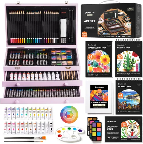Miniatura 9 de Shuttle Art - Juego de 149 piezas de arte de lujo, suministros de arte en estuche de madera, kit de dibujo y pintura con crayones, lápices de Marrón