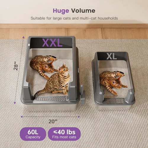 Miniatura 2 de Caja de arena XXXL de acero inoxidable para gatos con lados altos, 28" L x 20" A x 14" Al, caja de arena extra grande para gatos grandes y múltiples