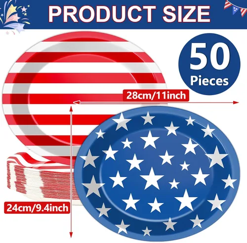 Miniatura 2 de Qyeahkj Juego de 50 platos de papel ovalados patrióticos grandes de 11 pulgadas, desechables, 4 de julio, bandera estadounidense, decoraciones