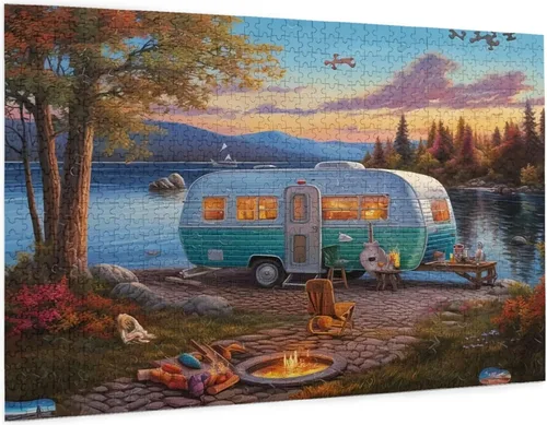 Miniatura 10 de Rompecabezas de 500 piezas para adultos, familias, camping, coche, junto al lago, fogata, formación de madera, entretenimiento, decoración