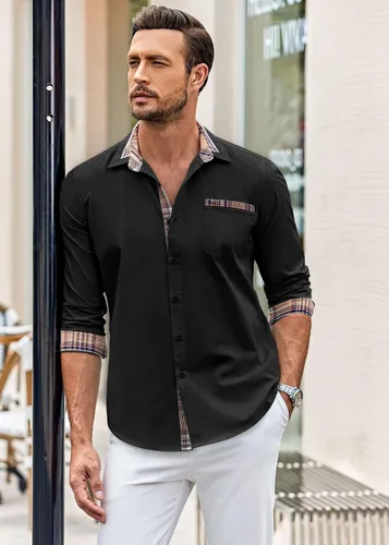 Miniatura 3 de COOFANDY - Camisa de vestir de algodón con mangas largas, botones y cuello a cuadros, de estilo casual, para hombres