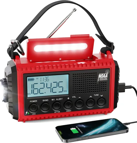 Miniatura 9 de Raynic - Radio meteorológica NOAA, radio de emergencia solar con manivela de 5000 mAh/18 500 mWh, radio portátil a batería con AM/FM/SW/NOAA