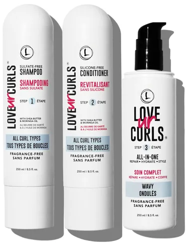 Love Ur Curls Juego de champú y acondicionador rizado sin fragancia con rizador todo en uno para cabello ondulado, sistema de 3 pasos para reparar,