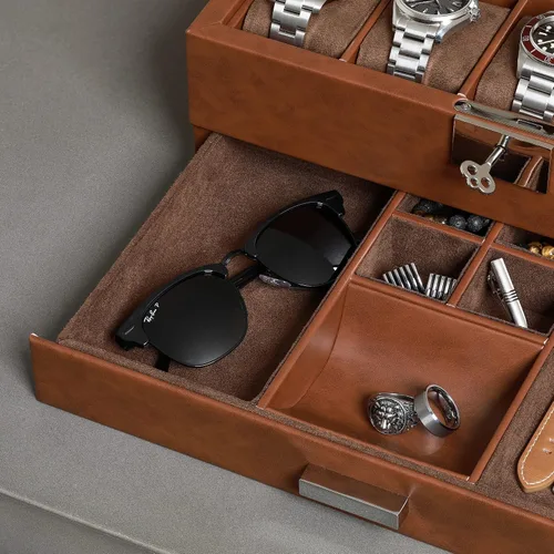Miniatura 6 de ROTHWELL Caja de reloj de cuero de 10 ranuras con cajón de valet, organizador de exhibición de lujo con forro de microgamuza ultrasuave, soporte