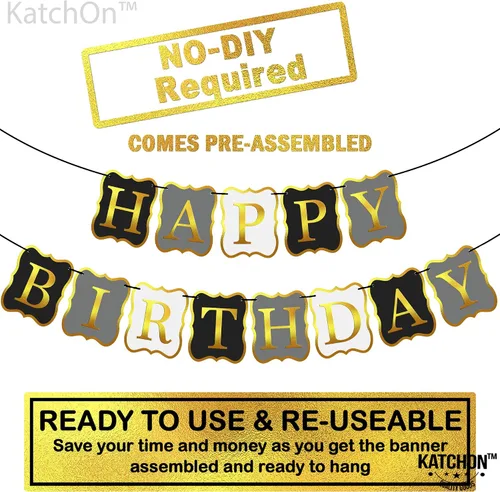 Miniatura 2 de KatchOn, Cartel de feliz cumpleaños negro y dorado, 10 pies, NO DIY, telón de fondo de feliz cumpleaños, decoraciones de feliz cumpleaños