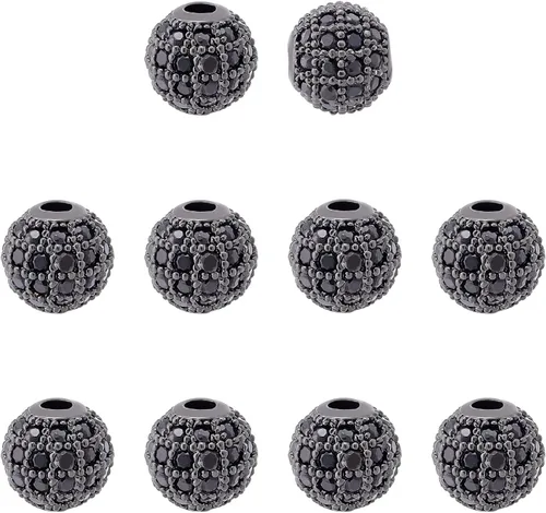 NBEADS 10 piezas de 0.315 in chapado en estante de latón con circonita cúbica redonda de cristal negro plomizo y cuentas redondas de circonita