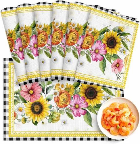 Miniatura 37 de Juego de 4 manteles individuales de verano con diseño de limón, lavables, de PVC, color negro y blanco, a cuadros amarillos, manteles individuales