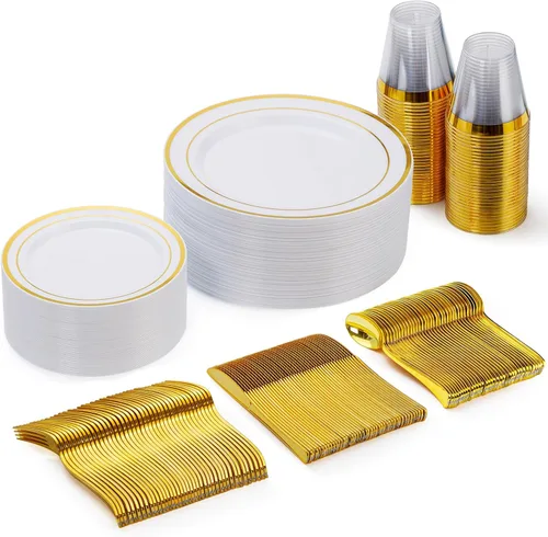 Goodluck 150 platos desechables dorados para 25 invitados, fiesta de plástico, boda, juego de vajilla de platos llanos, cucharas de ensalada,