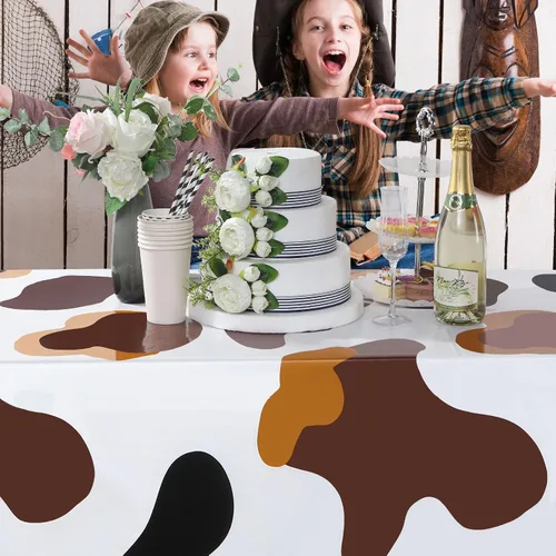 Miniatura 6 de Buryeah Mantel rectangular de plástico para mesa de vaca, 3 piezas, mantel de fiesta de granja de animales, mantel de vaca negra y blanca, mantel