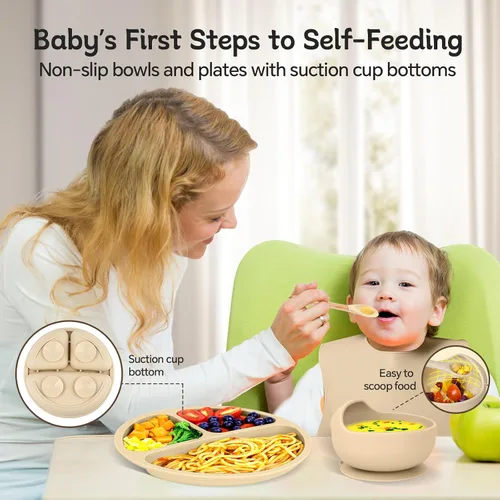 Miniatura 2 de Juego de alimentación de silicona para bebés, artículos esenciales para la alimentación del bebé, cuenco de succión para bebés, platos, babero